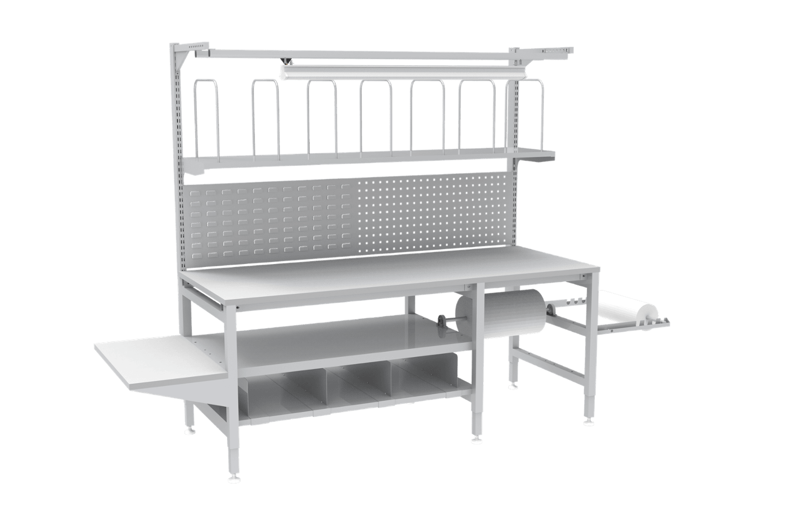 Pecking bench with overhead light, under bench roll holder and side bench