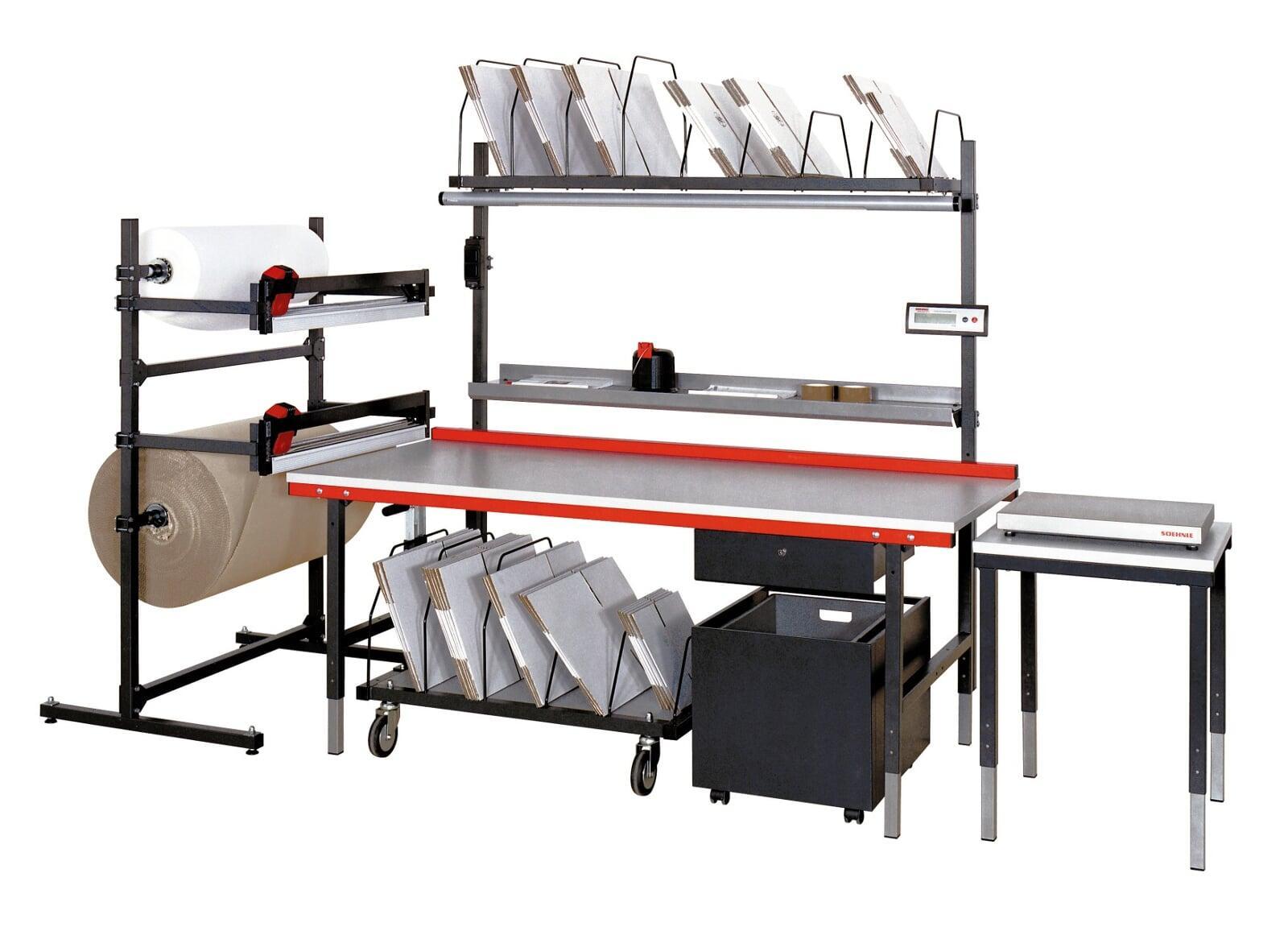 packing table with extender, cardboard trolley and drawer